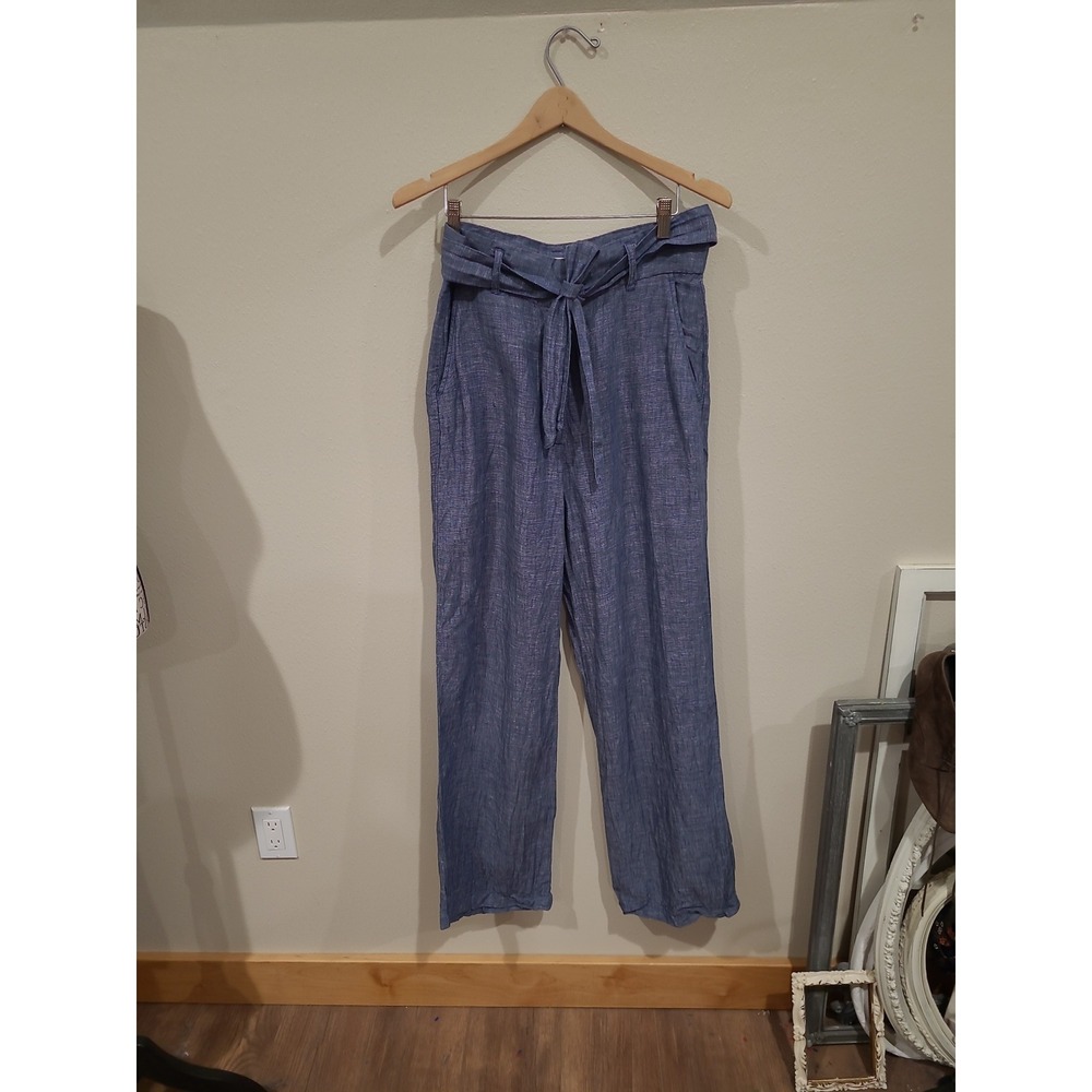 C&C California Linen paperbag hi waist wide leg blue trouser w/belt‎ Women SZ 8